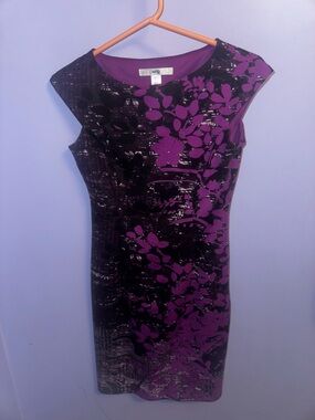 Wisp Purple and Black Floral Sheath Midi Dress